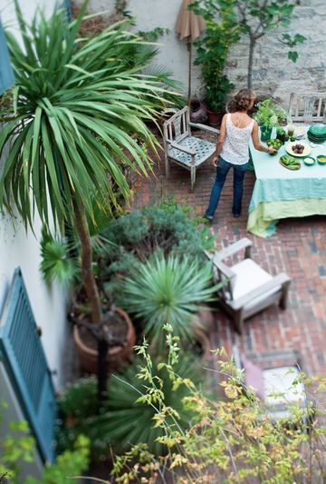 Idée déco pour une terrasse : plantes exotiques, briques