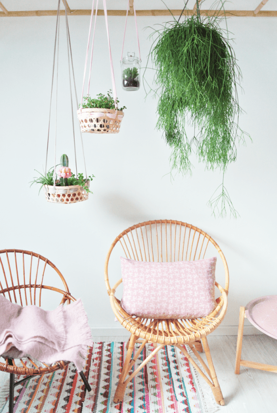 Les plantes suspendues et fauteuil en rotin 